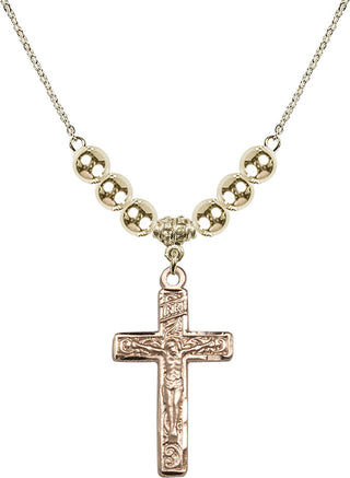 18" Hamilton Gold Plated Necklace with 6mm 14kt Gold Filled Beads featuring a 14kt Gold Filled Crucifix Medal.