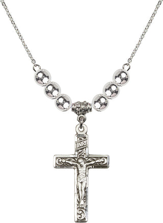 18" Rhodium Plated Necklace with 6mm Sterling Silver Beads featuring a Sterling Silver Crucifix Medal.