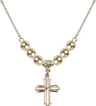 18" Hamilton Gold Plated Necklace with 6mm 14kt Gold Filled Beads featuring a 14kt Gold Filled Cross Medal.