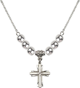 18" Rhodium Plated Necklace with 6mm Sterling Silver Beads featuring a Sterling Silver Cross Medal.