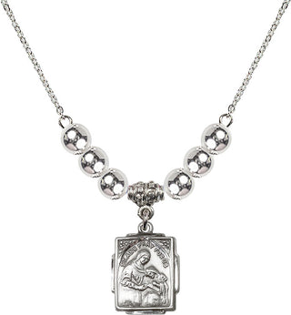 18" Rhodium Plated Necklace with 6mm Sterling Silver Beads featuring a Sterling Silver Saint Ann Medal. Engraved Catholic Saint Jewelry
