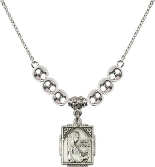 18" Rhodium Plated Necklace with 6mm Sterling Silver Beads featuring a Sterling Silver Saint Cecilia Medal. Engraved Catholic Saint Jewelry