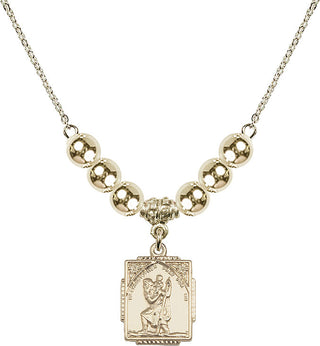 18" Hamilton Gold Plated Necklace with 6mm 14kt Gold Filled Beads featuring a 14kt Gold Filled Saint Christopher Medal. Engraved Catholic Saint Jewelry