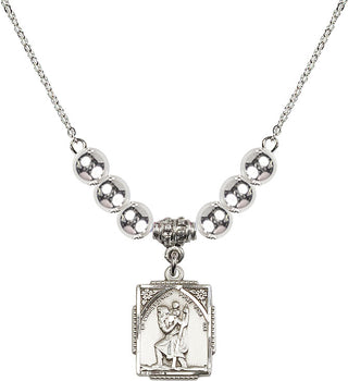 18" Rhodium Plated Necklace with 6mm Sterling Silver Beads featuring a Sterling Silver Saint Christopher Medal. Engraved Catholic Saint Jewelry