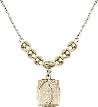 18" Hamilton Gold Plated Necklace with 6mm 14kt Gold Filled Beads featuring a 14kt Gold Filled Our Lady of Guadalupe Medal. Engraved Catholic Saint Jewelry