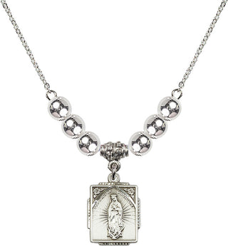 18" Rhodium Plated Necklace with 6mm Sterling Silver Beads featuring a Sterling Silver Our Lady of Guadalupe Medal. Engraved Catholic Saint Jewelry