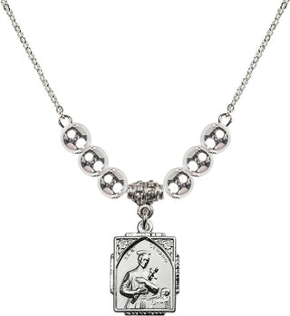 18" Rhodium Plated Necklace with 6mm Sterling Silver Beads featuring a Sterling Silver Saint Gerard Medal. Engraved Catholic Saint Jewelry