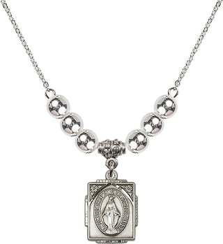 18" Rhodium Plated Necklace with 6mm Sterling Silver Beads featuring a Sterling Silver Miraculous Medal. Engraved Catholic Saint Jewelry