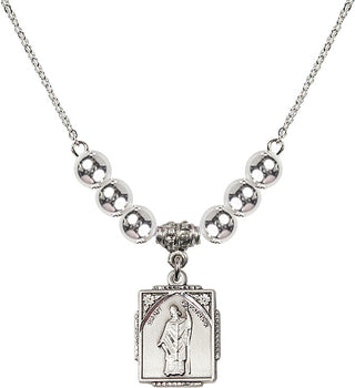 18" Rhodium Plated Necklace with 6mm Sterling Silver Beads featuring a Sterling Silver Saint Patrick Medal. Engraved Catholic Saint Jewelry