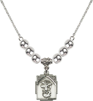 18" Rhodium Plated Necklace with 6mm Sterling Silver Beads featuring a Sterling Silver Saint Michael the Archangel Medal. Engraved Catholic Saint Jewelry