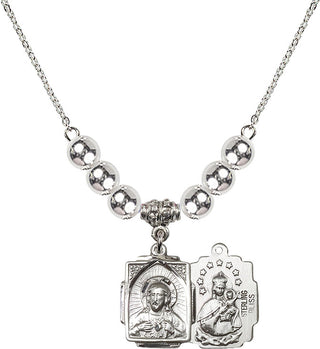 18" Rhodium Plated Necklace with 6mm Sterling Silver Beads featuring a Sterling Silver Scapular Medal.