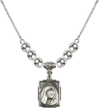 18" Rhodium Plated Necklace with 6mm Sterling Silver Beads featuring a Sterling Silver Saint Teresa of Calcutta Medal. Engraved Catholic Saint Jewelry