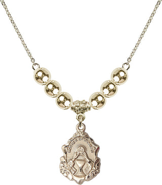 18" Hamilton Gold Plated Necklace with 6mm 14kt Gold Filled Beads featuring a 14kt Gold Filled Mother of a Priest Medal. Engraved Catholic Saint Jewelry