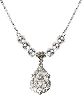 18" Rhodium Plated Necklace with 6mm Sterling Silver Beads featuring a Sterling Silver Mother of a Priest Medal. Engraved Catholic Saint Jewelry