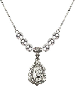 18" Rhodium Plated Necklace with 6mm Sterling Silver Beads featuring a Sterling Silver Saint Teresa of Calcutta Medal.