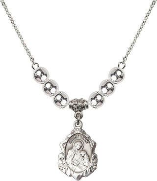 18" Rhodium Plated Necklace with 6mm Sterling Silver Beads featuring a Sterling Silver Saint Ann Medal. Engraved Catholic Saint Jewelry