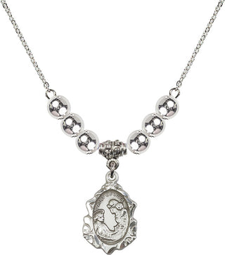 18" Rhodium Plated Necklace with 6mm Sterling Silver Beads featuring a Sterling Silver Saint Cecilia Medal. Engraved Catholic Saint Jewelry