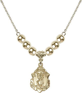 18" Hamilton Gold Plated Necklace with 6mm 14kt Gold Filled Beads featuring a 14kt Gold Filled Saint Christopher Medal. Engraved Catholic Saint Jewelry