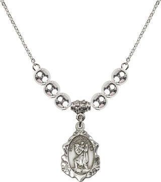18" Rhodium Plated Necklace with 6mm Sterling Silver Beads featuring a Sterling Silver Saint Christopher Medal. Engraved Catholic Saint Jewelry