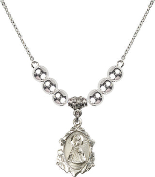 18" Rhodium Plated Necklace with 6mm Sterling Silver Beads featuring a Sterling Silver Infant of Prague Medal. Engraved Catholic Saint Jewelry