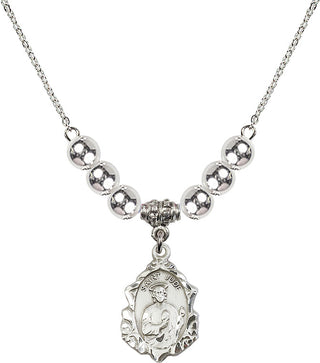 18" Rhodium Plated Necklace with 6mm Sterling Silver Beads featuring a Sterling Silver Saint Jude Medal. Engraved Catholic Saint Jewelry