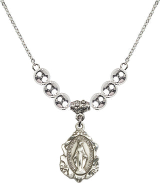 18" Rhodium Plated Necklace with 6mm Sterling Silver Beads featuring a Sterling Silver Miraculous Medal. Engraved Catholic Saint Jewelry
