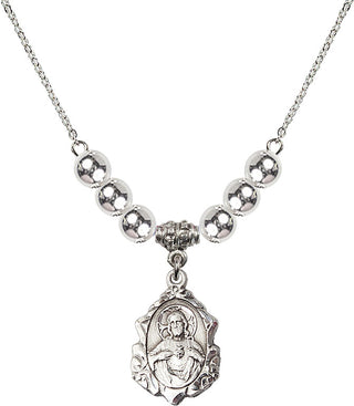 18" Rhodium Plated Necklace with 6mm Sterling Silver Beads featuring a Sterling Silver Scapular Medal.