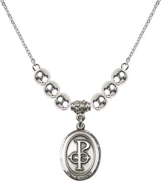 18" Rhodium Plated Necklace with 6mm Sterling Silver Beads featuring a Sterling Silver Matrimony Medal.