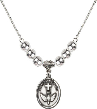 18" Rhodium Plated Necklace with 6mm Sterling Silver Beads featuring a Sterling Silver Confirmation Medal.