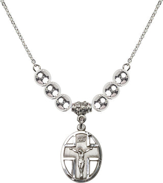 18" Rhodium Plated Necklace with 6mm Sterling Silver Beads featuring a Sterling Silver Crucifix Medal.