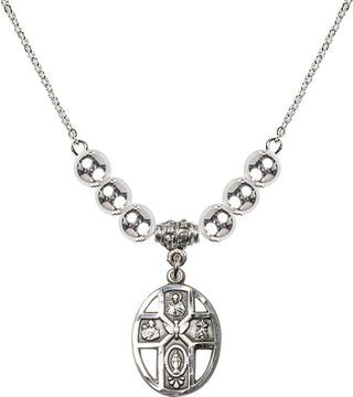 18" Rhodium Plated Necklace with 6mm Sterling Silver Beads featuring a Sterling Silver 5-Way / Holy Spirit Medal.