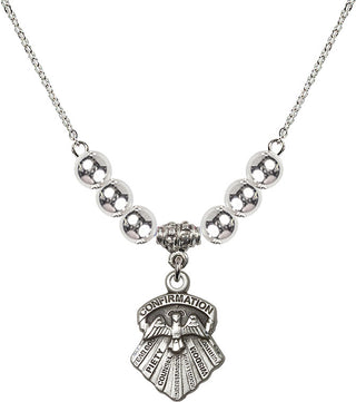18" Rhodium Plated Necklace with 6mm Sterling Silver Beads featuring a Sterling Silver Seven Gifts Medal.