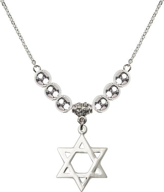 18" Rhodium Plated Necklace with 6mm Sterling Silver Beads featuring a Sterling Silver Star of David Medal.