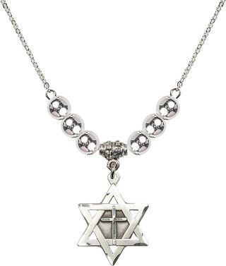 18" Rhodium Plated Necklace with 6mm Sterling Silver Beads featuring a Sterling Silver Star of David with Cross Medal.
