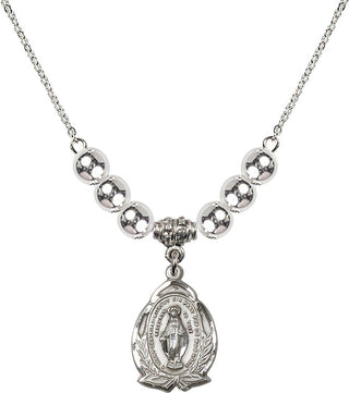 18" Rhodium Plated Necklace with 6mm Sterling Silver Beads featuring a Sterling Silver Miraculous Medal.