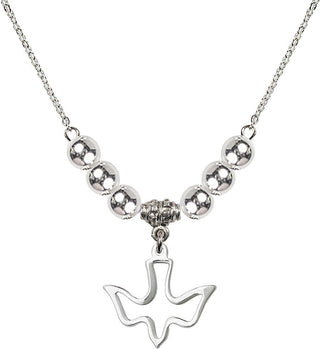 18" Rhodium Plated Necklace with 6mm Sterling Silver Beads featuring a Sterling Silver Holy Spirit Medal.