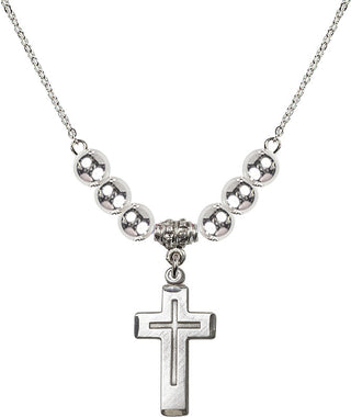 18" Rhodium Plated Necklace with 6mm Sterling Silver Beads featuring a Sterling Silver Cross Medal.