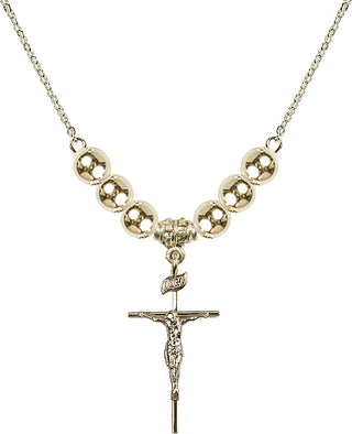 18" Hamilton Gold Plated Necklace with 6mm 14kt Gold Filled Beads featuring a 14kt Gold Filled Crucifix Medal.