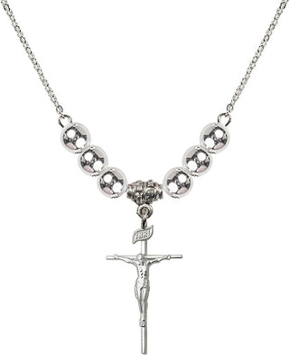 18" Rhodium Plated Necklace with 6mm Sterling Silver Beads featuring a Sterling Silver Crucifix Medal.