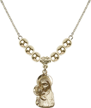 18" Hamilton Gold Plated Necklace with 6mm 14kt Gold Filled Beads featuring a 14kt Gold Filled Madonna & Child Medal.