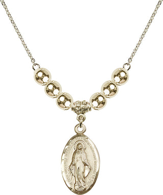 18" Hamilton Gold Plated Necklace with 6mm 14kt Gold Filled Beads featuring a 14kt Gold Filled Miraculous Medal.