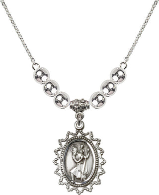 18" Rhodium Plated Necklace with 6mm Sterling Silver Beads featuring a Sterling Silver Saint Christopher Medal.