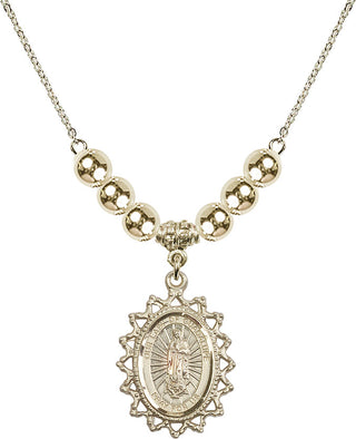 18" Hamilton Gold Plated Necklace with 6mm 14kt Gold Filled Beads featuring a 14kt Gold Filled Our Lady of Guadalupe Medal.