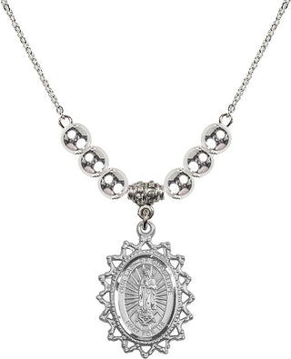 18" Rhodium Plated Necklace with 6mm Sterling Silver Beads featuring a Sterling Silver Our Lady of Guadalupe Medal.