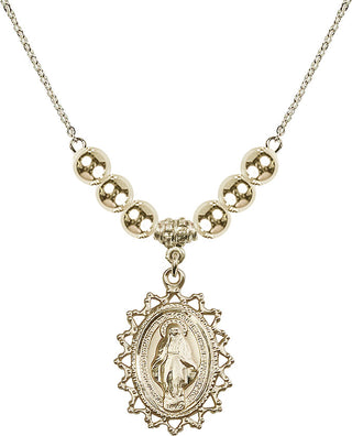 18" Hamilton Gold Plated Necklace with 6mm 14kt Gold Filled Beads featuring a 14kt Gold Filled Miraculous Medal.