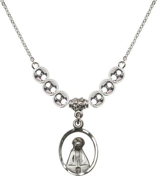 18" Rhodium Plated Necklace with 6mm Sterling Silver Beads featuring a Sterling Silver Madonna Medal.