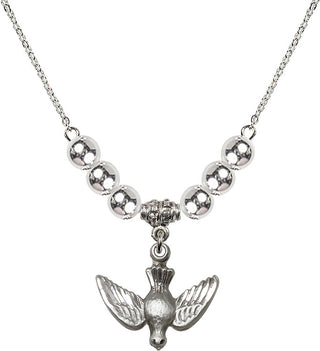18" Rhodium Plated Necklace with 6mm Sterling Silver Beads featuring a Sterling Silver Holy Spirit Medal.