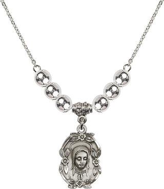 18" Rhodium Plated Necklace with 6mm Sterling Silver Beads featuring a Sterling Silver Madonna Medal.