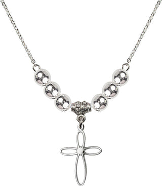 18" Rhodium Plated Necklace with 6mm Sterling Silver Beads featuring a Sterling Silver Loop Cross Medal.