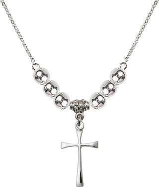 18" Rhodium Plated Necklace with 6mm Sterling Silver Beads featuring a Sterling Silver Maltese Cross Medal.